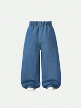 Young Girls' Casual Relaxed-Fit Soft Washed Elastic Waist Denim Wide-Leg Pants, Suitable For Spring And Autumn